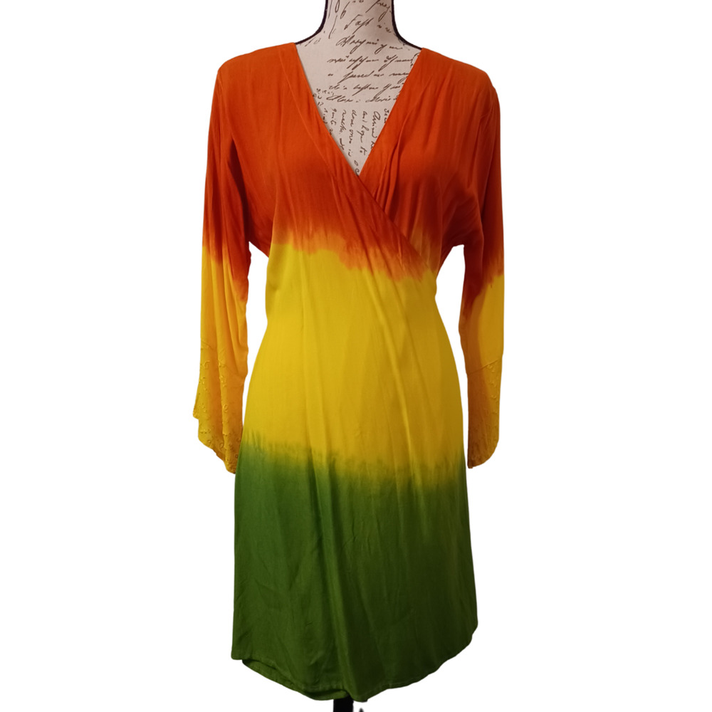 Rainbow Dress ONE SIZE Tie-dye Ombre Wrap Front Cover Up Embroidered Sleeve NEW